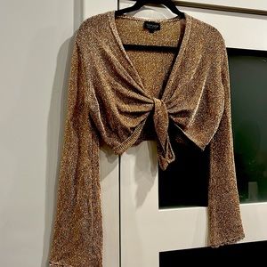 Metallic gold knit crop tie top